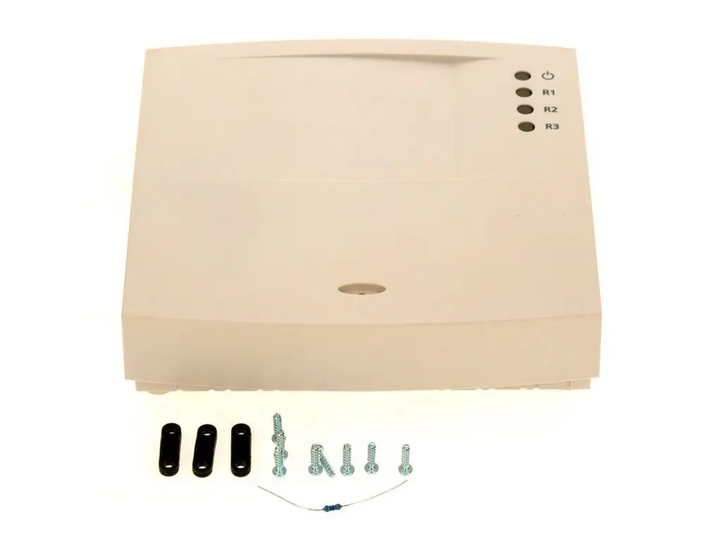 Weißes Gehäuse mit mehreren LEDs und Tasterfeld, sowie montierbare Bauteile wie Schrauben und Halterungen. Produkt von Bosch zur Steuerung oder Regelung.